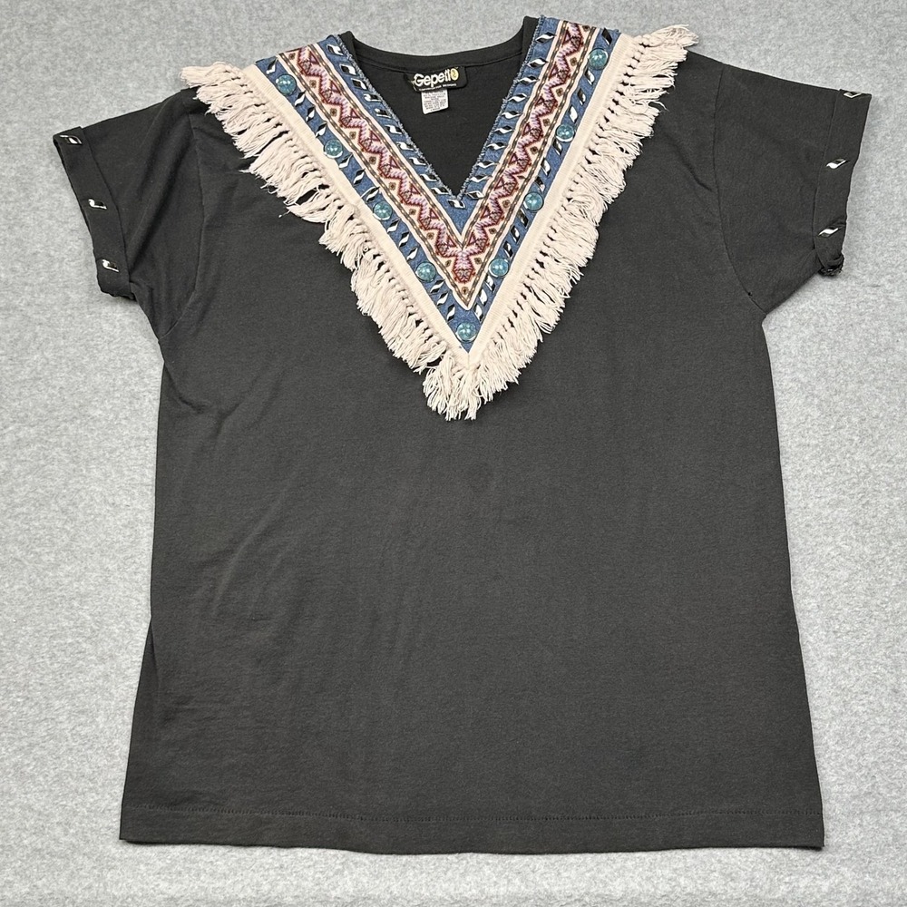 Vintage Gepetto Shirt Womens Large Fringe Aztec Western‎ Tee Turquoise USA 90s